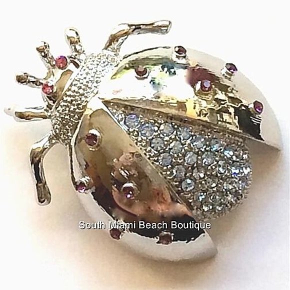 Vtg Ladybug Pin Brooch Silver Plated Pink Purple Crystal Insect Jewelry Lady Bug - Picture 1 of 10